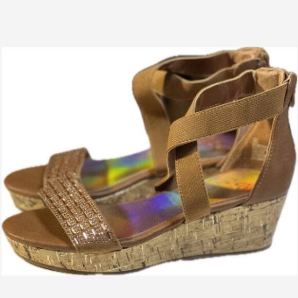 Y2K Justice Sandals Womens Size 4 Rose/Brown 2" Platform Back Zip Gem Accents - Picture 5 of 5